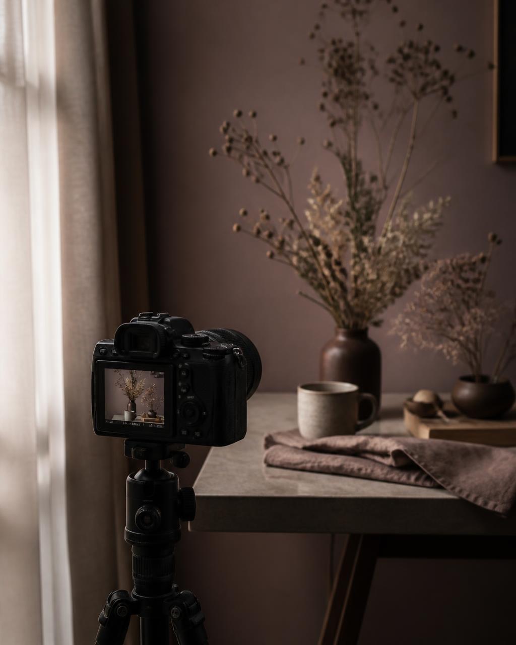 A camera on a tripod filming a styled tabletop scene in soft window light